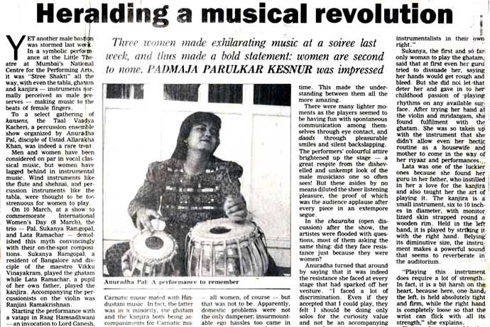 “Heralding a musical revolution” — Anuradha Pal — newspaper clipping