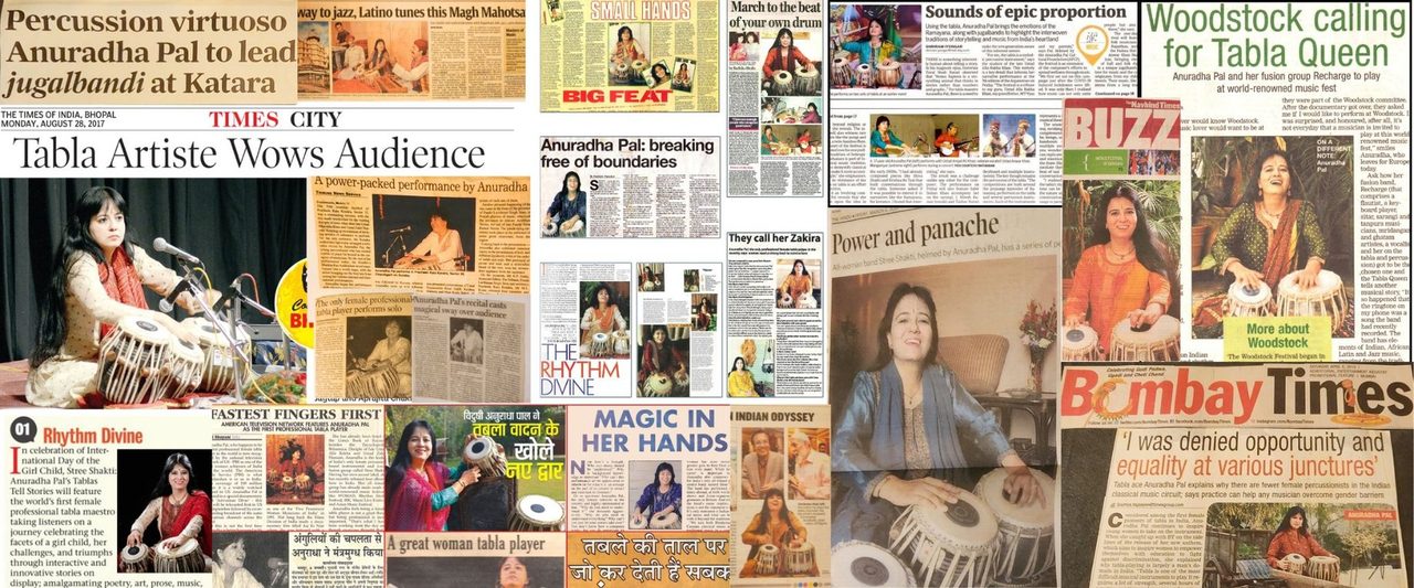 Press collage featuring coverage of Pandita Anuradha Pal across leading newspapers and magazines